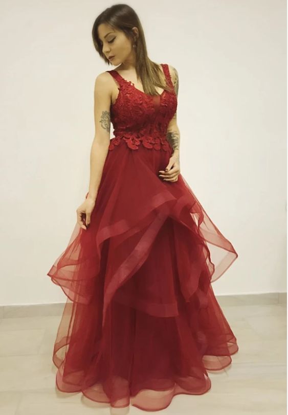 Burgundy v neck lace prom dress party dress  cg8642