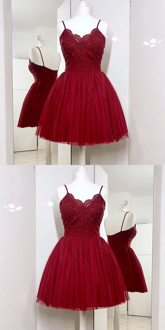 Spaghetti Straps A-Line Burgundy Tulle Short homecoming Dress with Lace cg866