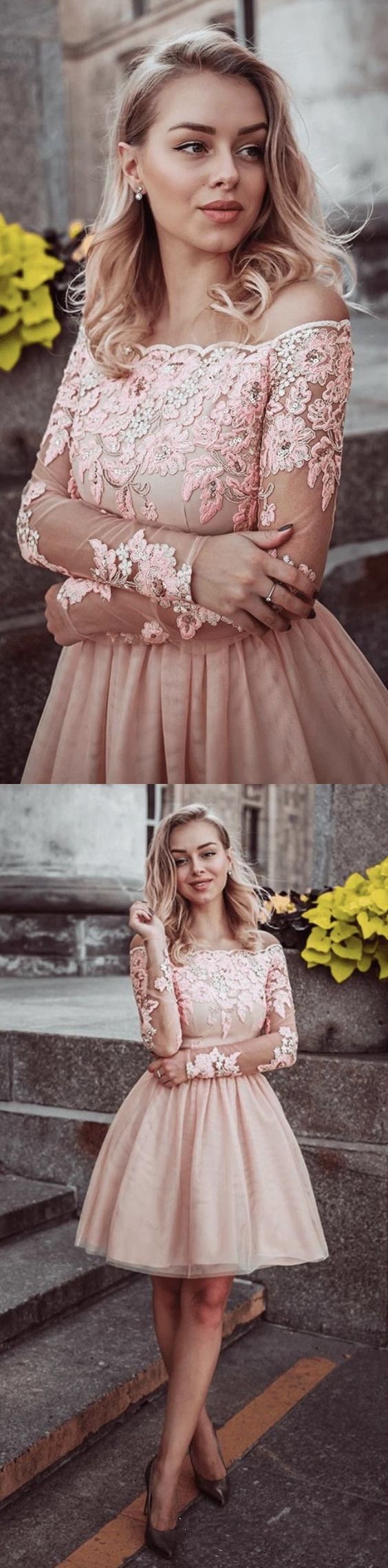 Short Lace Long Sleeves Off Shoulder Homecoming Dresses cg867