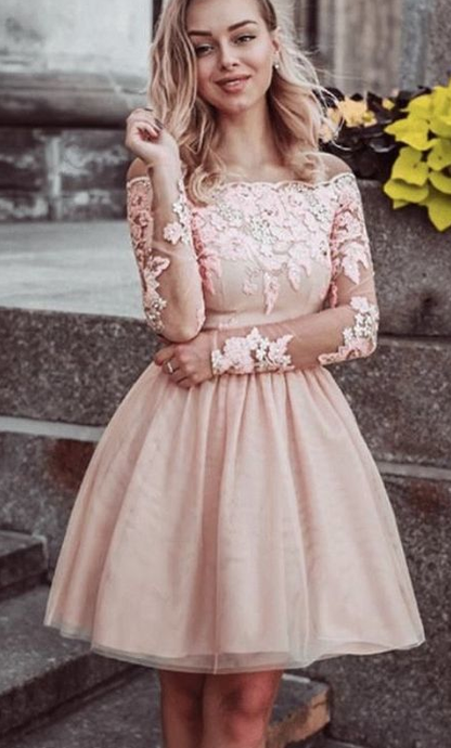 Short Lace Long Sleeves Off Shoulder Homecoming Dresses cg867