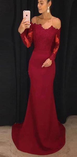 Red Appliques Mermaid Evening Dress, Long Sleeve Prom Dresses for Wedding  cg8674