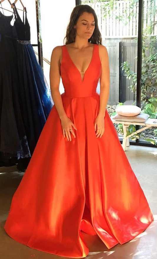 Elegant V neck A Line Prom Dress, Satin Long Evening Dresses  cg8676