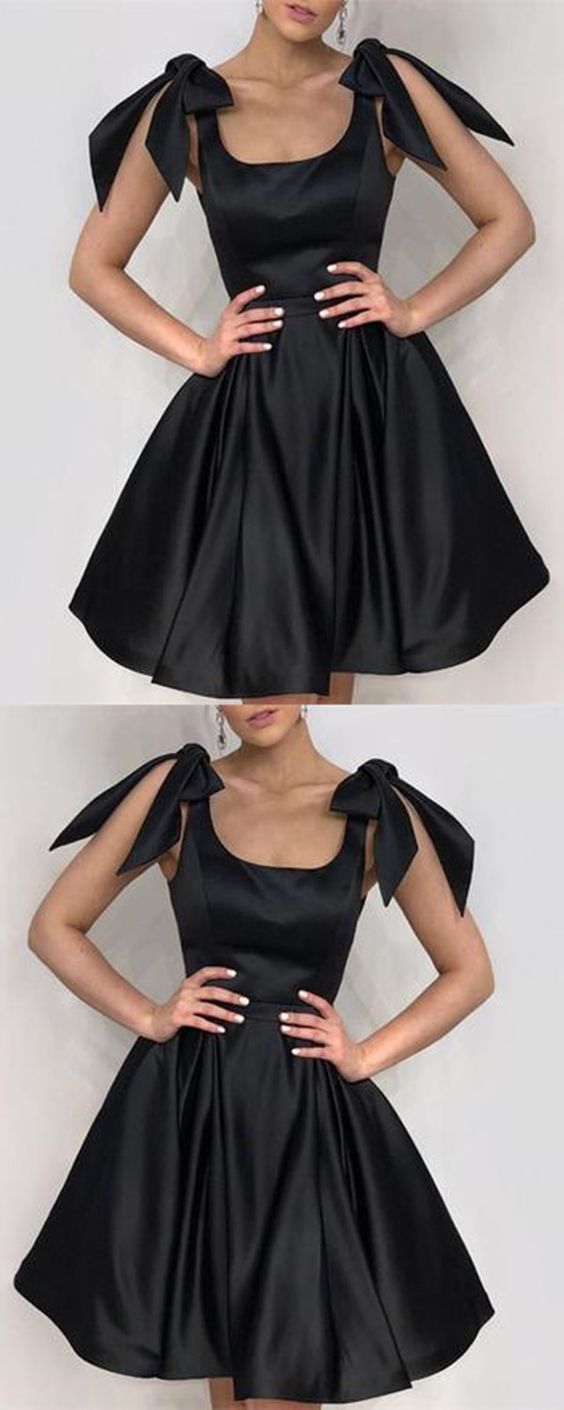 Elegant Black Bow Shoulders Ruffles Satin Homecoming Dresses cg874