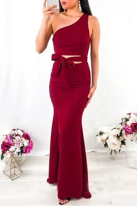 Simple Mermaid One Shoulder Floor Length Satin Red Prom Dresses  cg8758