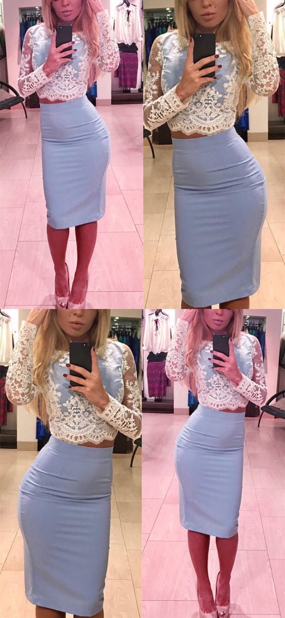 Long Sleeves Lace Crop Top Dresses Short Elegant Homecoming Dress cg880