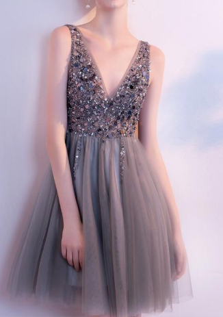 V neck Short Tulle homecoming Dress Beaded women Party Dress cg882