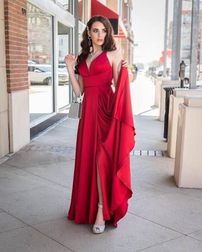 Charming V neck Sleeveless Red Evening  prom Dress with Side Slit  cg8826