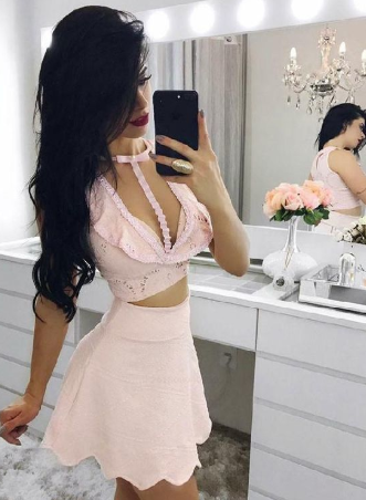 Engrossing Homecoming Dress Pink, Homecoming Dress Lace, Homecoming Dress Two Piece cg885