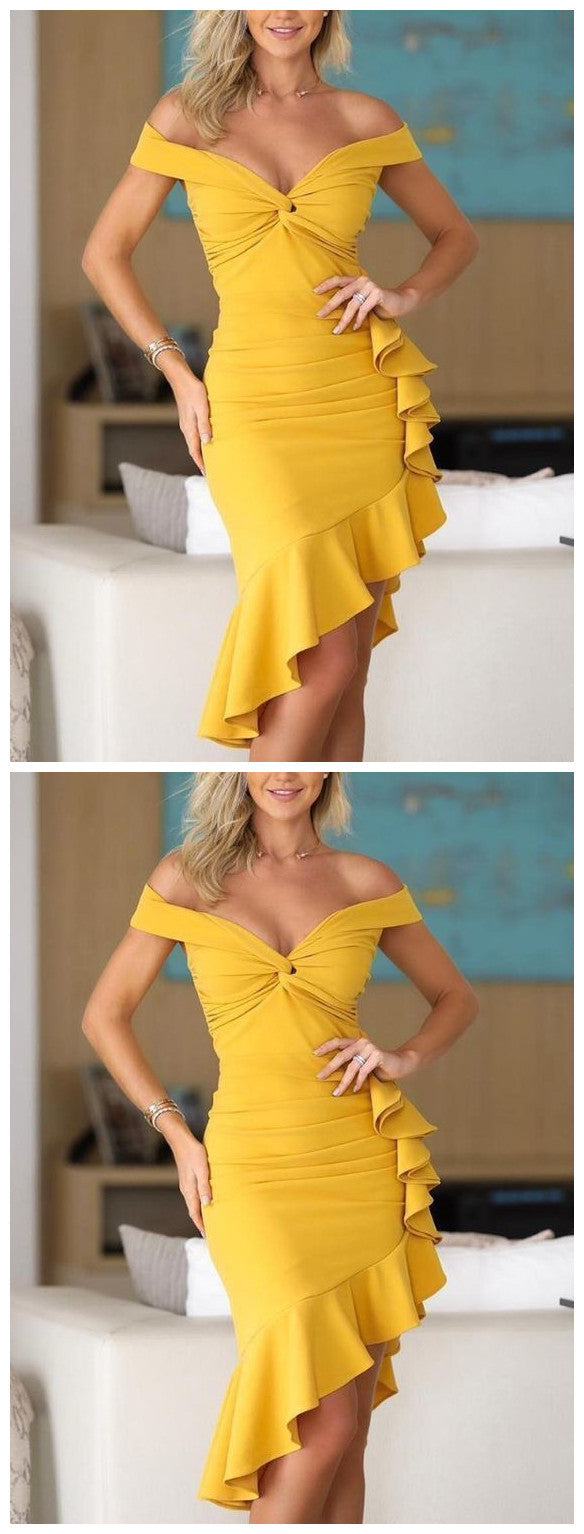 Solid Off Shoulder Twisted Ruffles Irregular homecoming Dress cg887