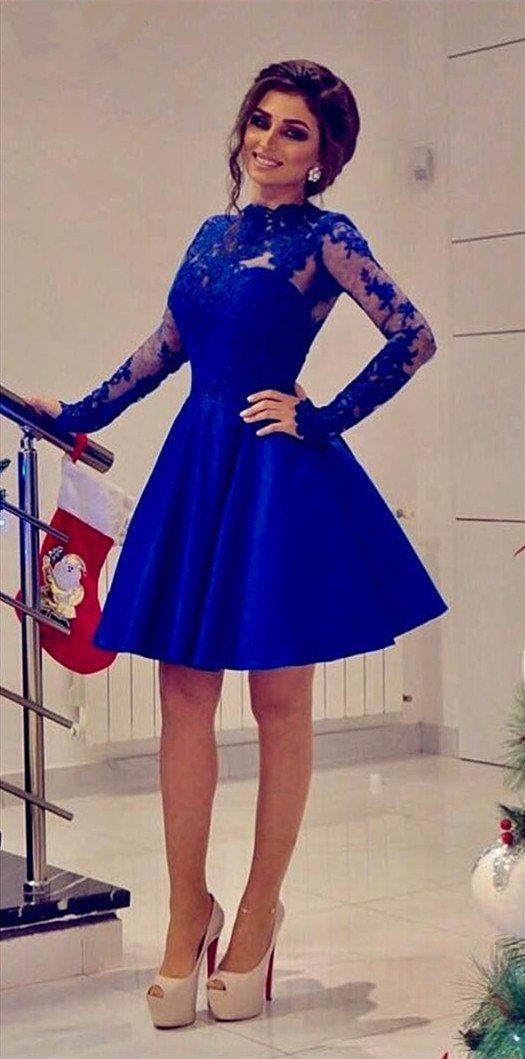 Short Long Sleeves Royal Blue A Line Knee Length Homecoming Dress for Girls   cg8897