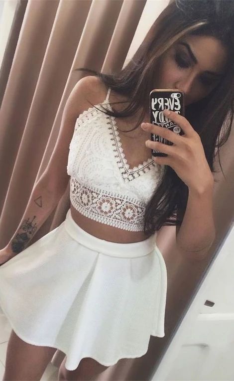 Two Piece Spaghetti Straps Short White Homecoming Dress with Lace  cg8957