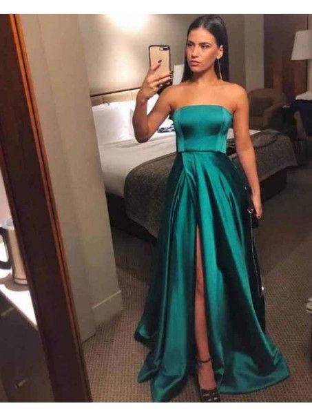 A-Line Strapless Long Satin Prom Dresses Formal Evening Gowns prom dress cg8961