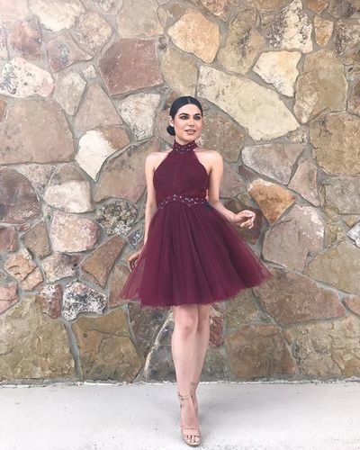 Stylish A Line High Neck Burgundy Short Homecoming Dresses with Beading  cg8993