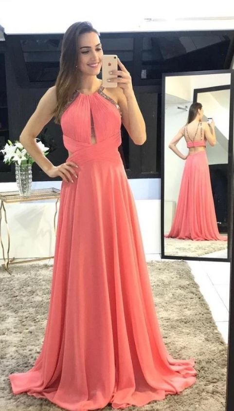 Charming Scoop A-Line Long Watermelon Chiffon Backless Sleeveless Prom Dresses  cg9027