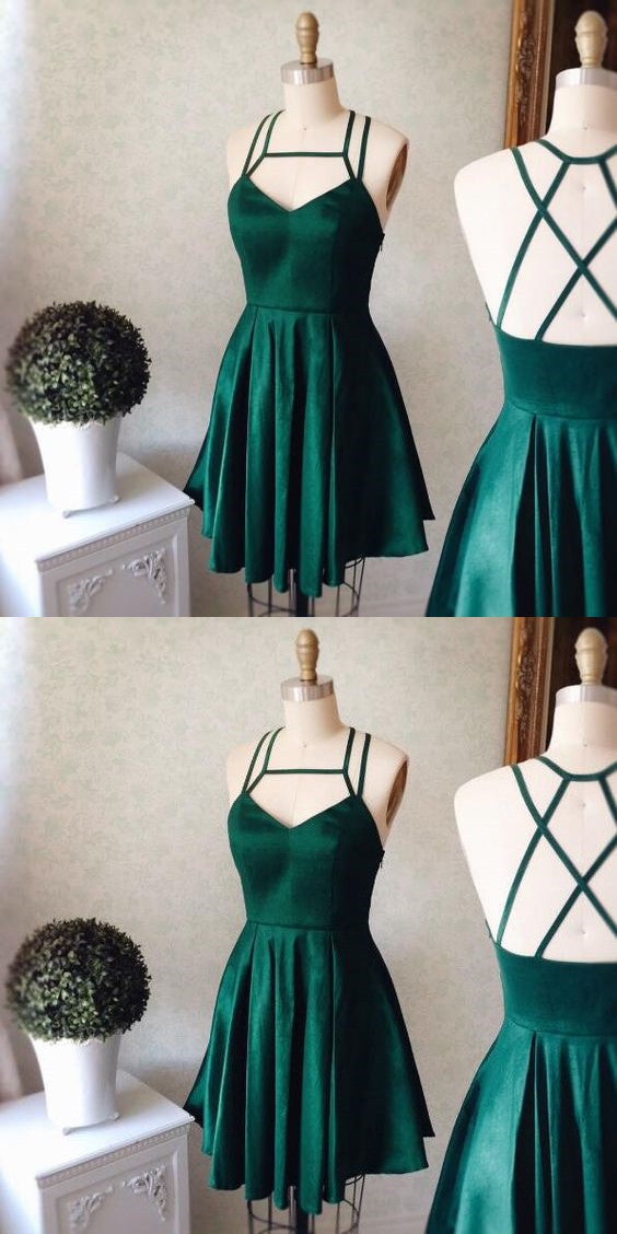 Emerald Homecoming Dress,Short Party Dress,Green Straps Formal Dress,V neck Short homecoming Dress cg905