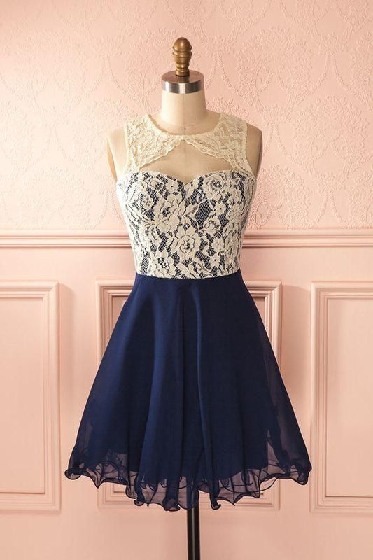 Cute Round Neck Lace Homecoming Dress,Navy Blue Lace Short   cg9071