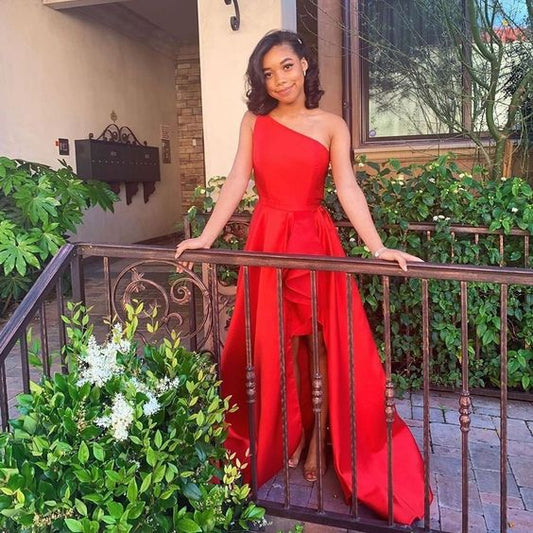 Red Prom Dress,Satin Prom Dress,One-Shoulder Prom Dresses,High/Low Prom Dress  cg9128