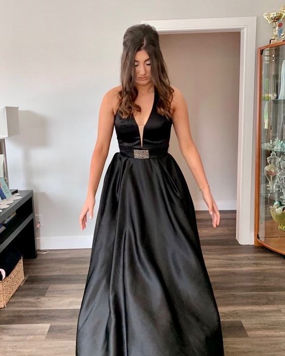 Black Prom Dress,Satin Prom Dress,V-Neck Prom Dresses,A-Line Prom Dress  cg9134