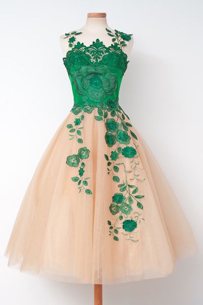 Champagne Homecoming Dress with Green Embroidery   cg9176