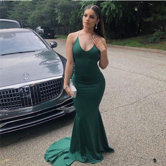 Charming V neck Green Mermaid Evening Dress, Sexy Simple Long Prom Dresses   cg9256