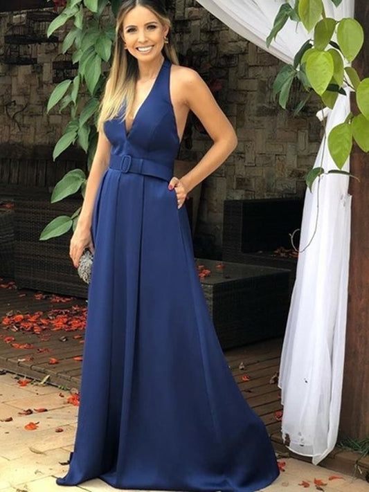 A Line V Neck Navy Blue Long Prom Dresses with Pocket, Navy Blue Formal Dresses with Belt cg9275