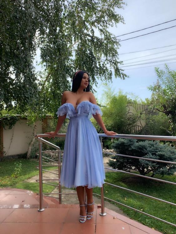 Blue off the shoulder short prom dress   cg9282