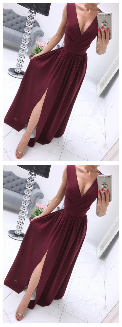 A-line V-neck Chiffon Burgundy Long Prom Dress, Evening Dress With Split    cg9289