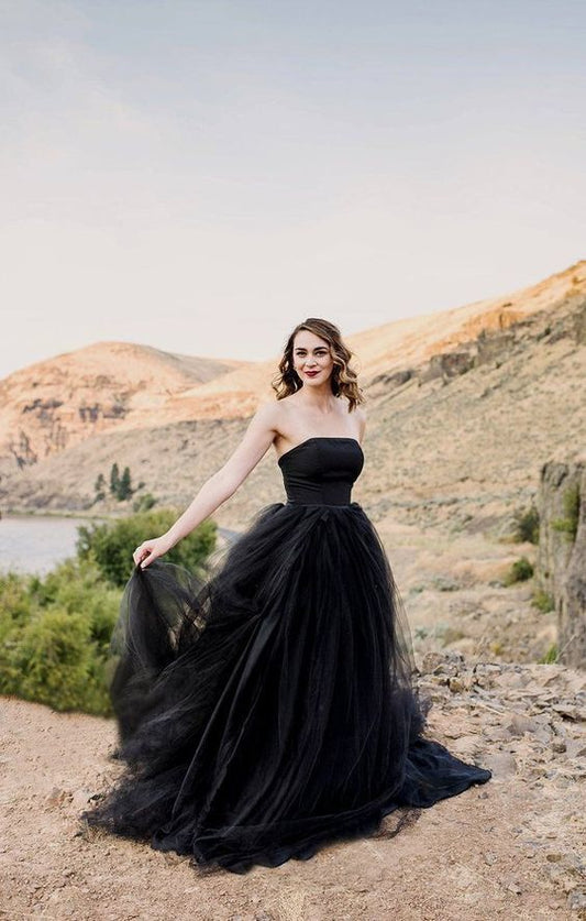 Black tulle long prom dress , strapless wedding dress   cg9314