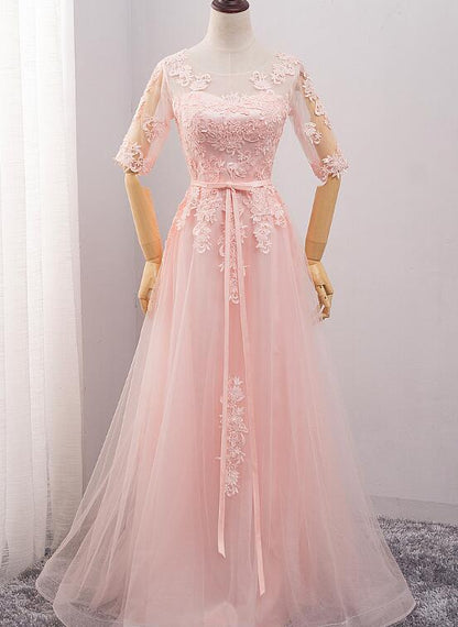 Pink Tulle Short Sleeves Long Bridesmaid Dress, Pink Evening prom Gown  cg9323