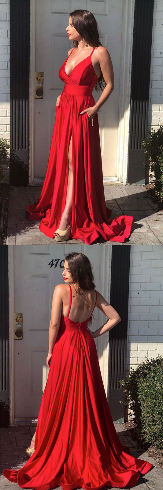 Red satin mermaid long prom dress red long formal dress   cg9324