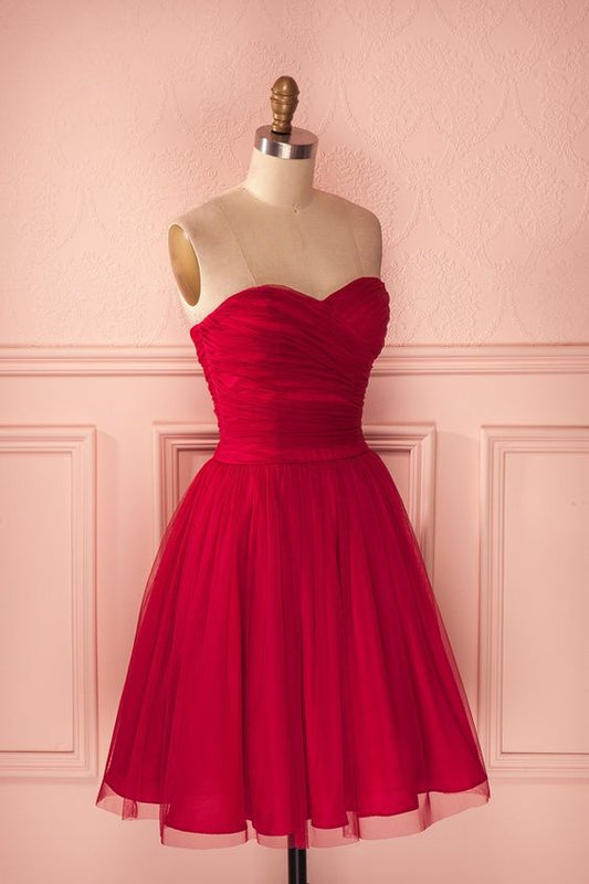 Red Strapless Tulle Knee Length Party Dress,A Line Homecoming Dress With Ruched Bodice   cg9429