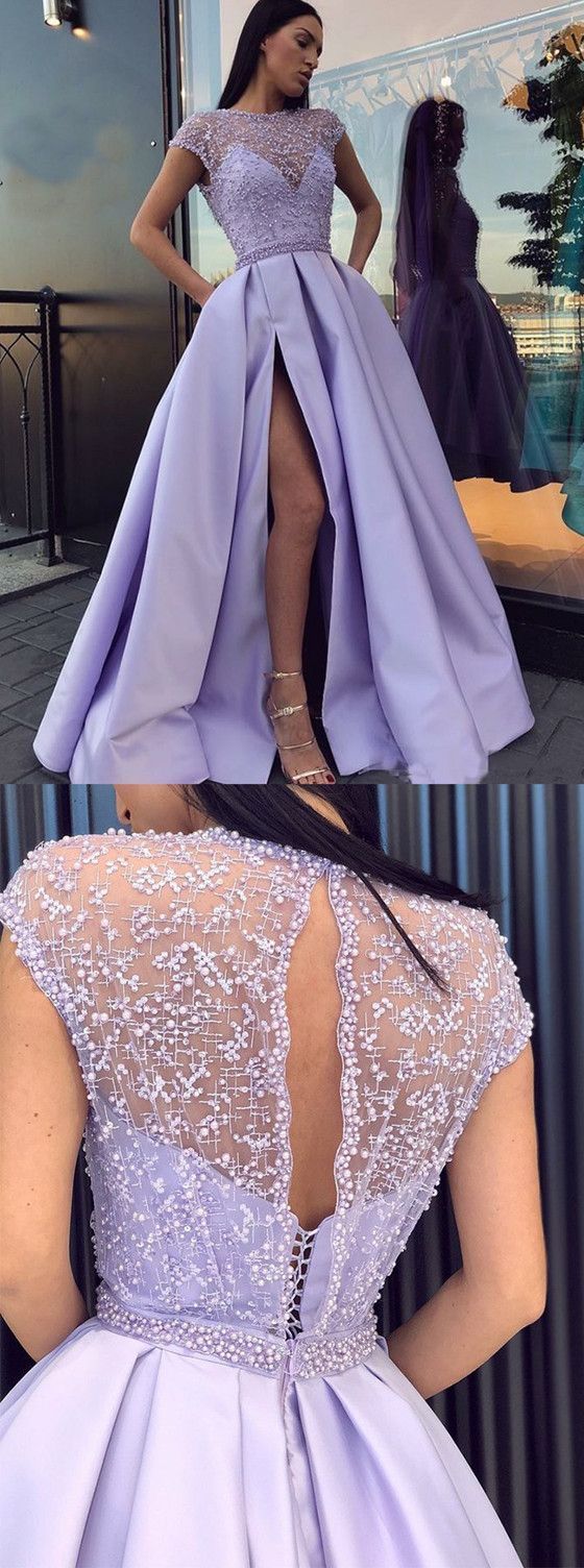 Charming Lavender Beading Cap Sleeves Long Prom Dresses cg949