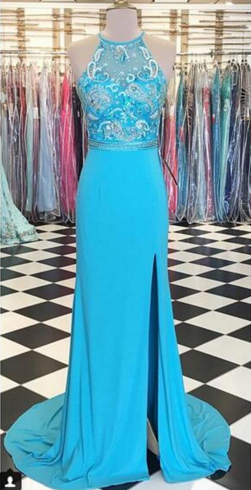 Baby Blue Mermaid Prom Dresses Crew Neck Beading Crystals Side Slit Evening Dress  cg9500