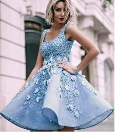 Sky Blue Beaded Appliques Handmade Flowers Stunning Homecoming Dresses cg954