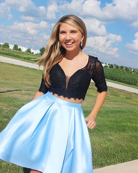 Two Piece Black and Light Sky Blue Short Homecoming Dress  cg9552