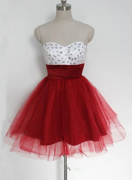 Cute Red and White Tulle Beaded Short Party homecoming Dress   cg9571