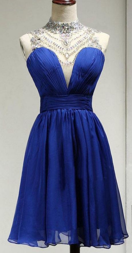 High neck Royal Blue Homecoming Dress, Short Homecoming Dresses, A Line Homecoming Gowns  cg9573