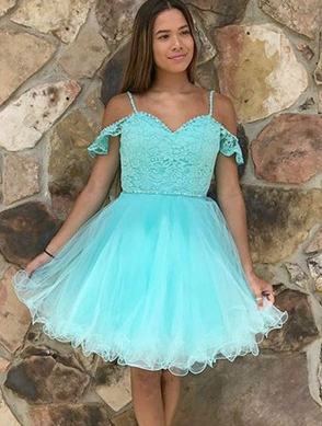 A-Line Cold Shoulder Mint Tulle Homecoming Dress with Lace cg959