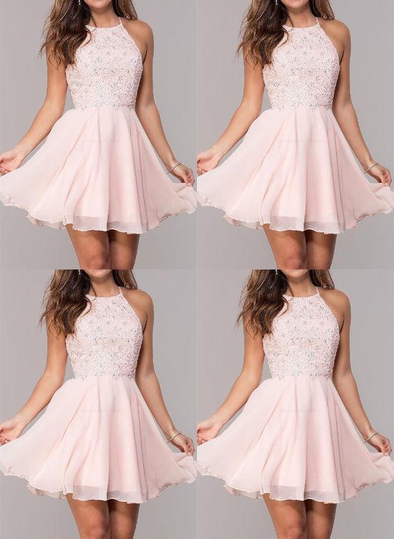 Light Pink Homecoming Dresses,Chiffon Short Homecoming Dresses,Beaded Halter Homecoming Dresses   cg9780