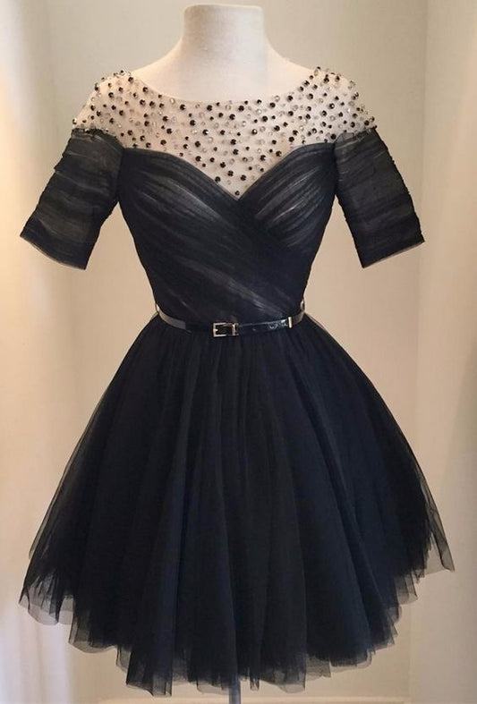 Short Cocktail Dress,Black Beaded Tulle homecoming Gown   cg9822