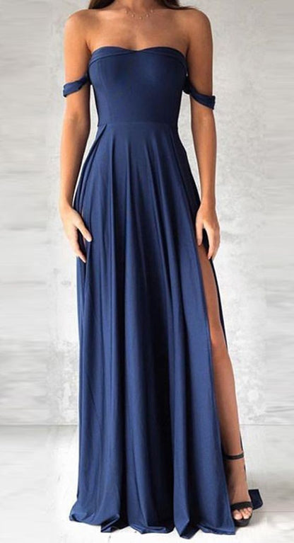 Sexy Off-Shoulder Prom Dress, Navy Blue Chiffon Prom Dress, Slit Side Prom Dress  cg983