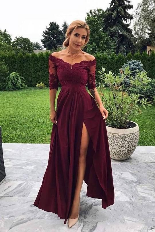 Cheap Off Shoulder Burgundy Mid-Sleeve Side Slit Long Prom Dress cg988