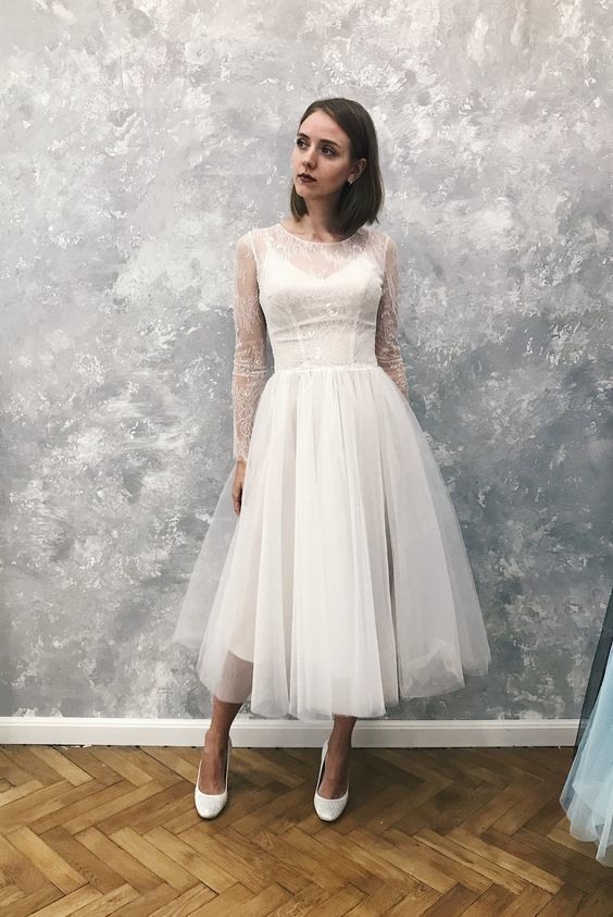 Short wedding dress, Long sleeve tulle wedding homecoming dress  cg9934