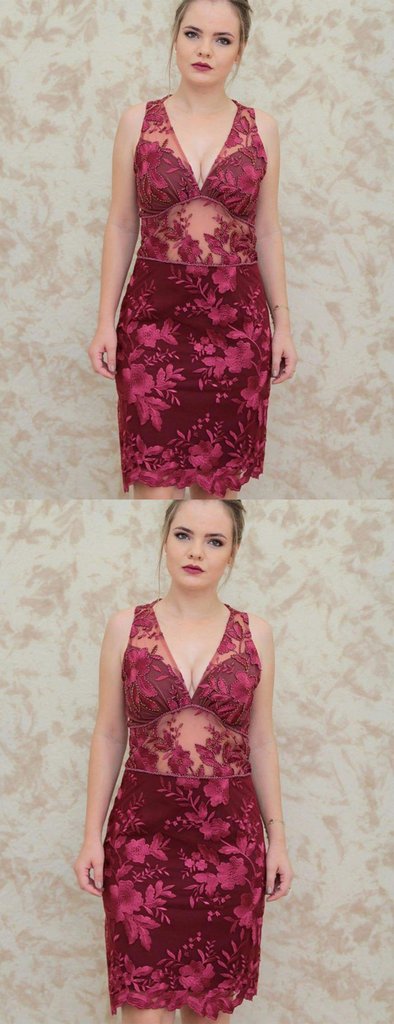 Dark Red Lace Beading Sheath V-Neck Sleeveless Homecoming Dresses cg999