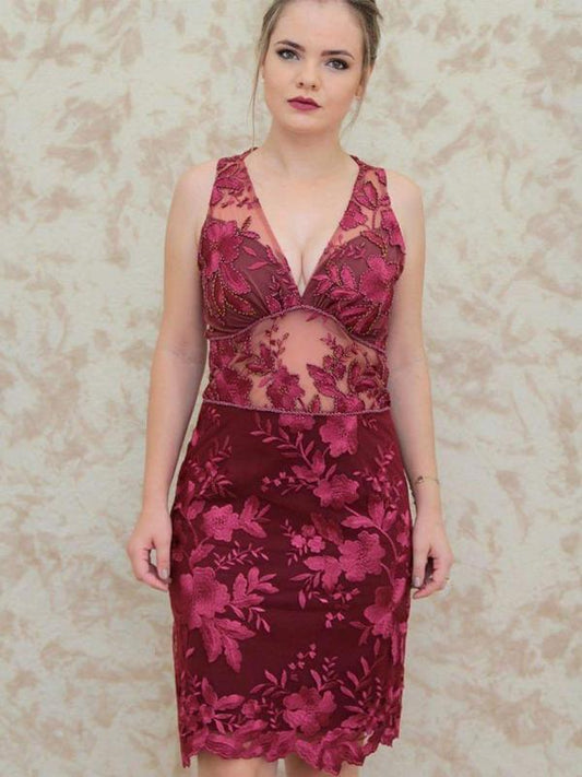 Dark Red Lace Beading Sheath V-Neck Sleeveless Homecoming Dresses cg999