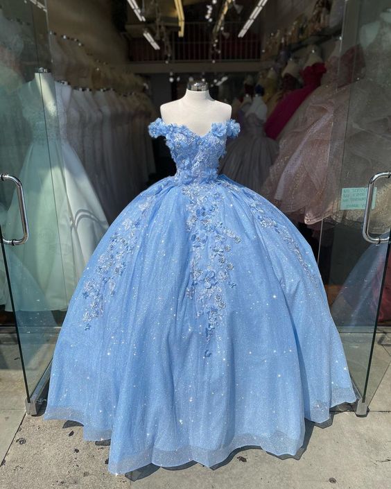 Blue Off The Shoulder Evening Gown, long prom ball gown Dress