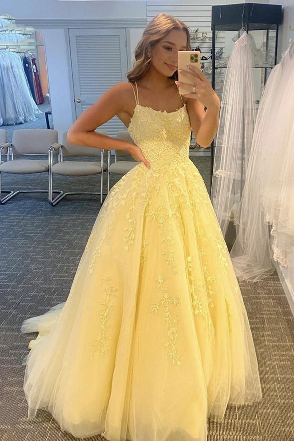 Yellow lace long A line prom dress lace evening dress      nv05