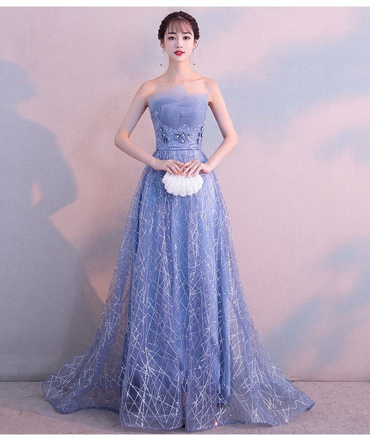 Beautiful Blue-Grey Tulle A-Line Long Evening Dress With Beadings, Long Party Dress prom dress    nv09